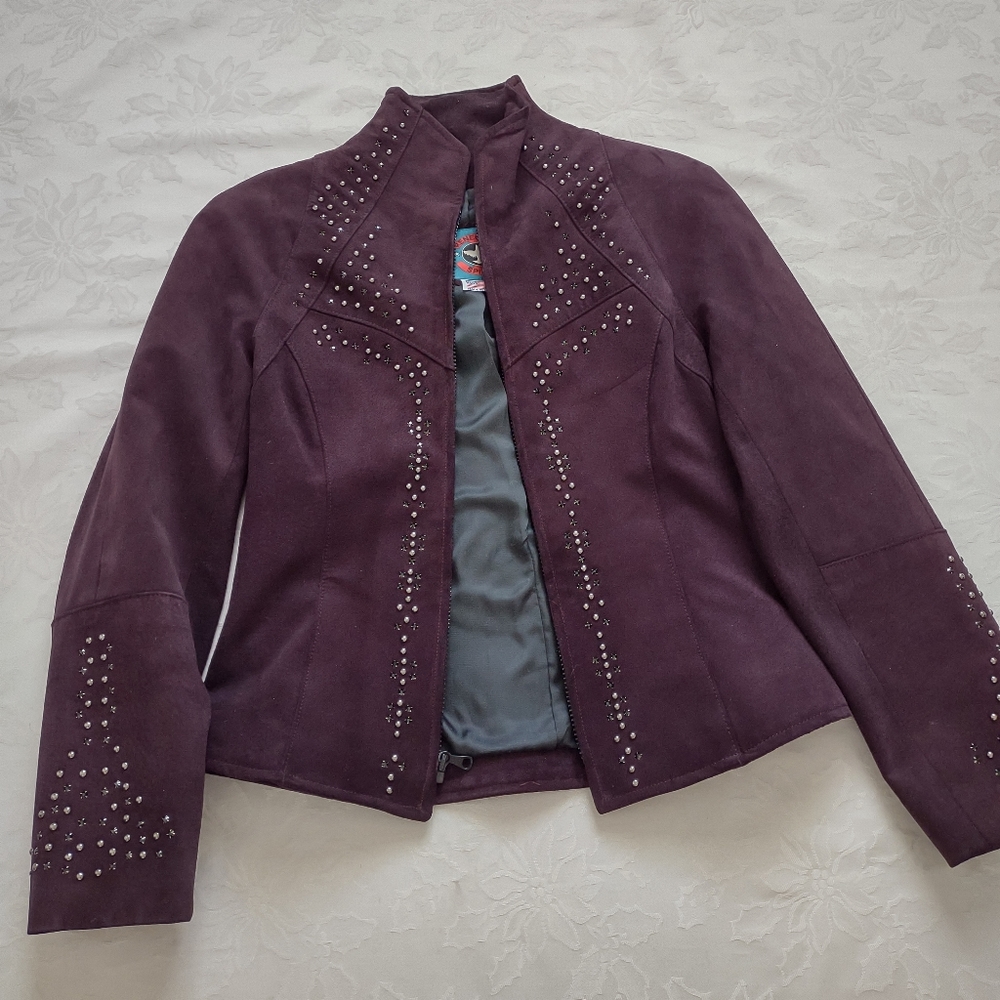 Renegade Swarovski crystals embellished zip front suede leather jacket Purple